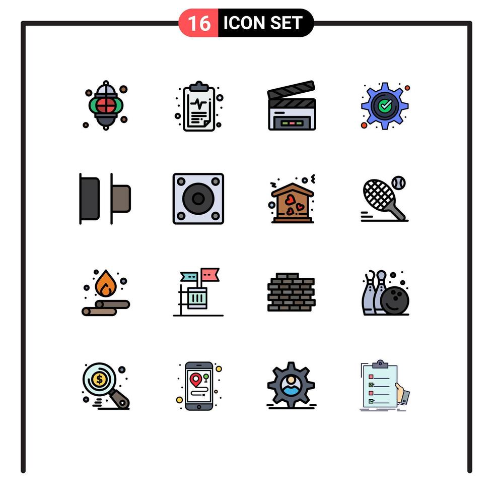 16 Universal Flat Color Filled Line Signs Symbols of mark check result approved film flap Editable Creative Vector Design Elements