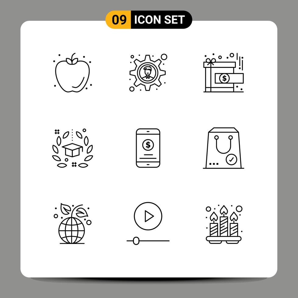 9 Universal Outline Signs Symbols of mobile money university gift graduation award Editable Vector Design Elements