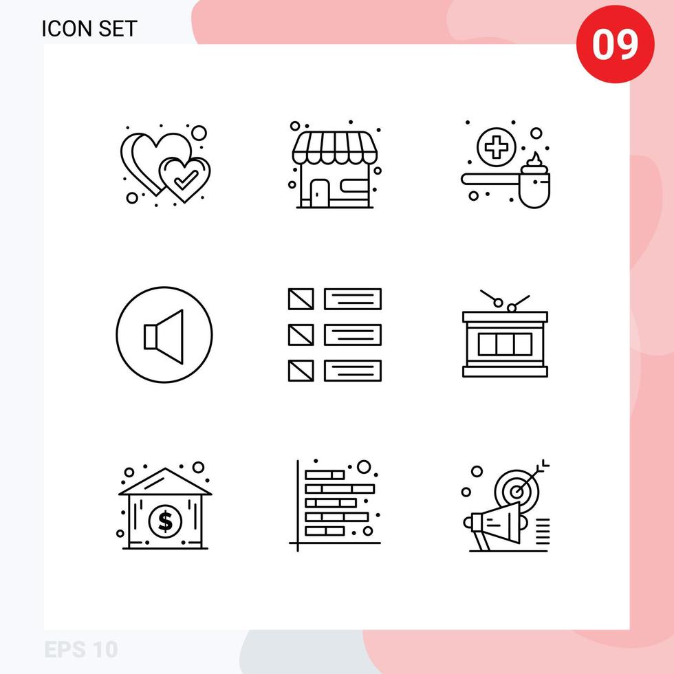 Pictogram Set of 9 Simple Outlines of list design feeding volume sound Editable Vector Design Elements