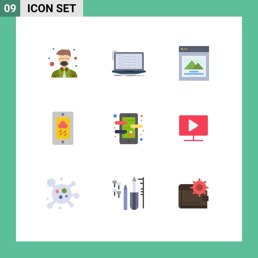 paquete de color plano de 9 símbolos universales de elementos de diseño de vector editables móviles de tiempo de computadora portátil de chat lluvioso