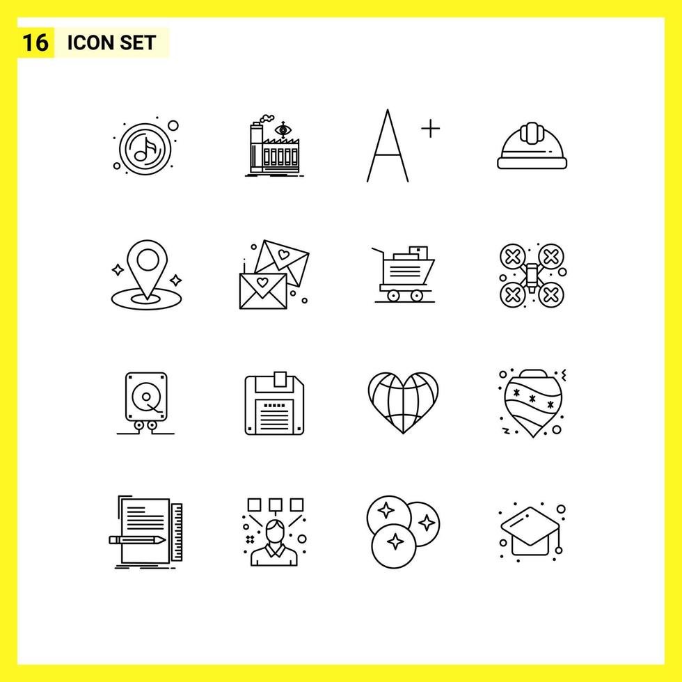 Group of 16 Outlines Signs and Symbols for email navigation font location hard cap Editable Vector Design Elements