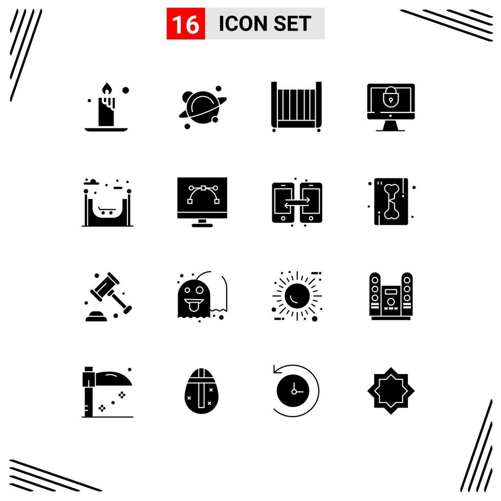 Pictogram Set of 16 Simple Solid Glyphs of skate city bed security internet Editable Vector Design Elements