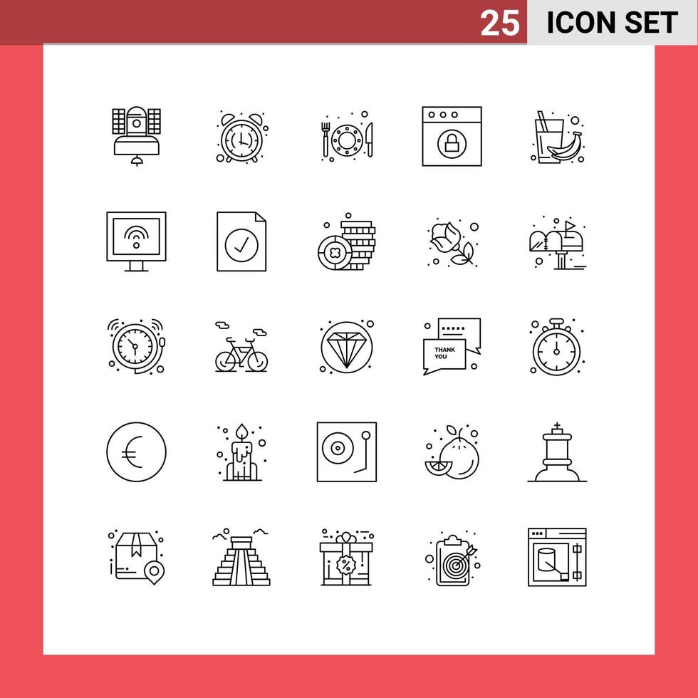 Line Pack of 25 Universal Symbols of drink mac morning lock restaurant Editable Vector Design Elements