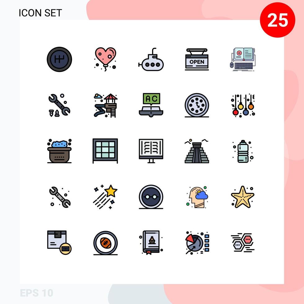 grupo de símbolos de icono universal de 25 colores planos de línea llena moderna de elementos de diseño vectorial editables de libro interactivo de tienda móvil de llave inglesa vector