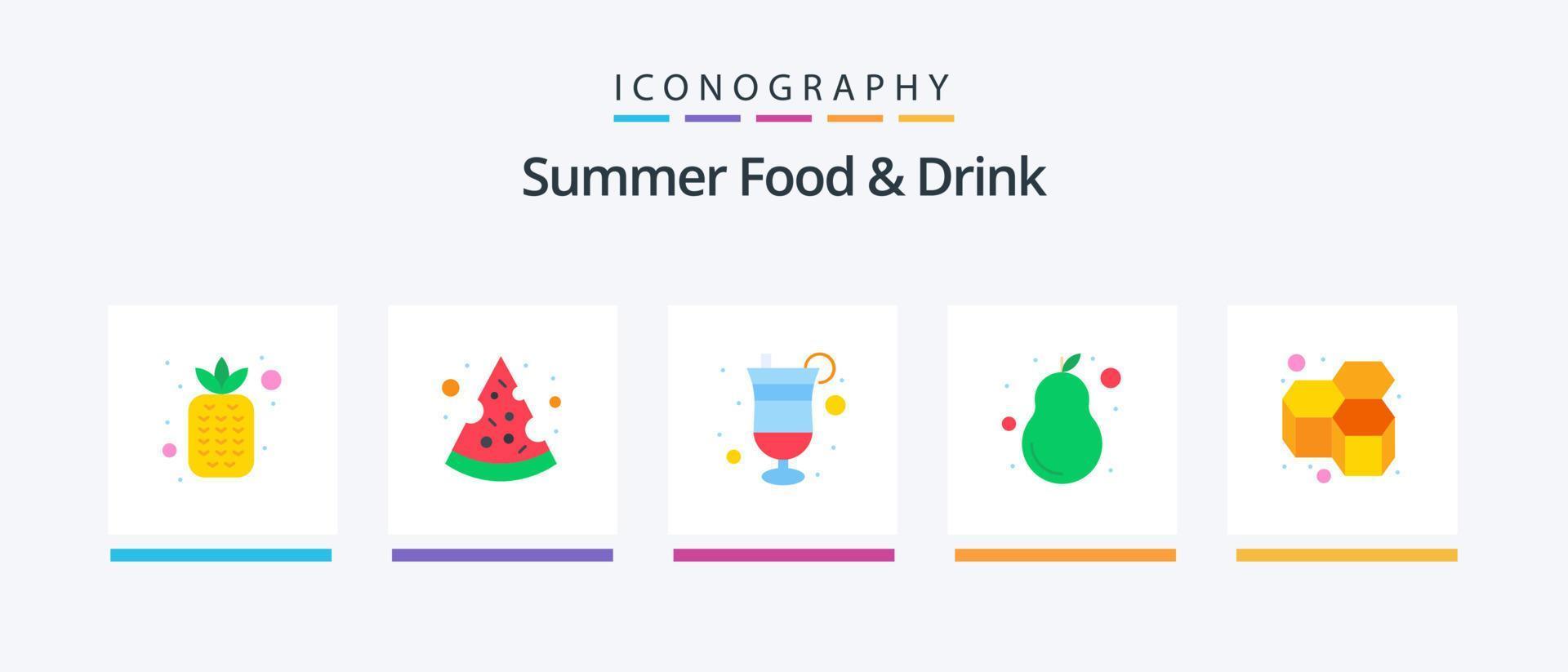 Summer Food and Drink Flat 5 Icon Pack Including bees. sweet. cocktail. pear. summer. Creative Icons Design vector