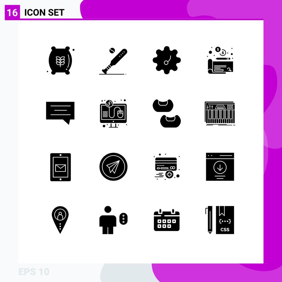 grupo universal de símbolos de iconos de 16 glifos sólidos modernos de elementos de diseño de vectores editables de dinero de burbuja de chat de clic de EE. UU.