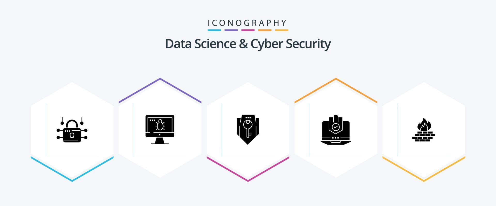 Data Science And Cyber Security 25 Glyph icon pack including protected. internet. access. computer. shield vector