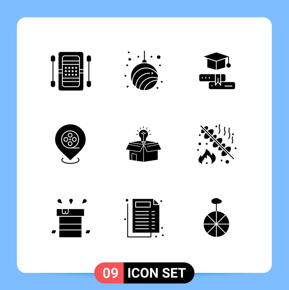 Modern Set of 9 Solid Glyphs and symbols such as box location new cinema education Editable Vector Design Elements