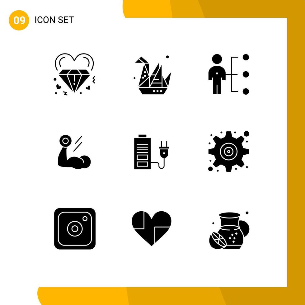 Mobile Interface Solid Glyph Set of 9 Pictograms of muscle bodybuilding paper biceps person Editable Vector Design Elements