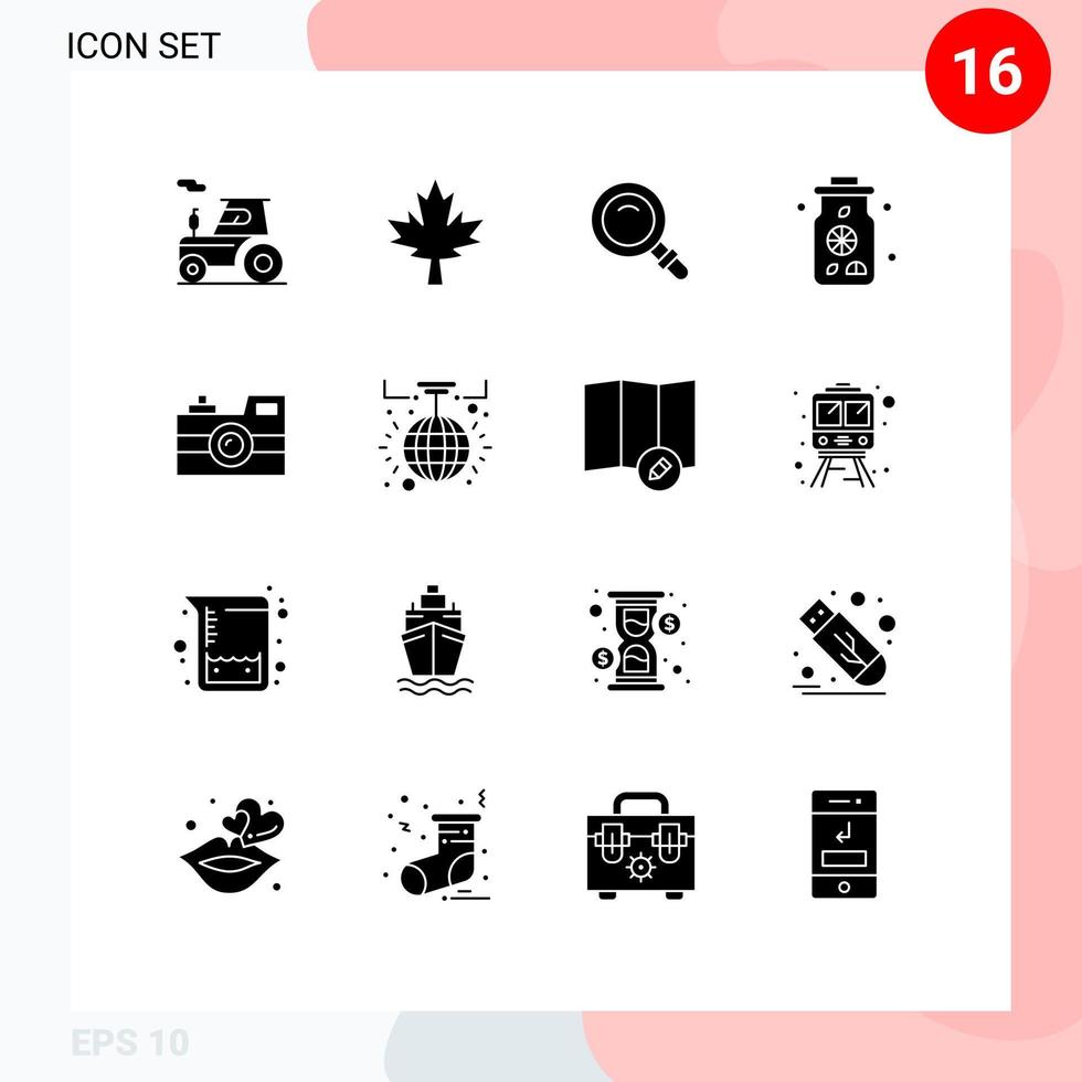 Editable Vector Line Pack of 16 Simple Solid Glyphs of retro camera camera search antique camera lemon Editable Vector Design Elements