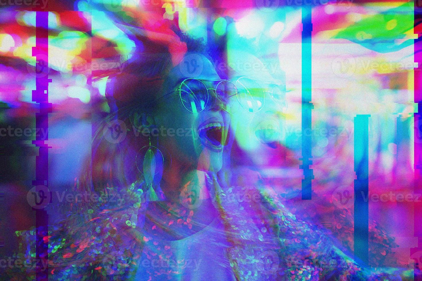 Woman having psychedelic trip with hallucinations after drug abuse. Noise and glitch effects applied. photo