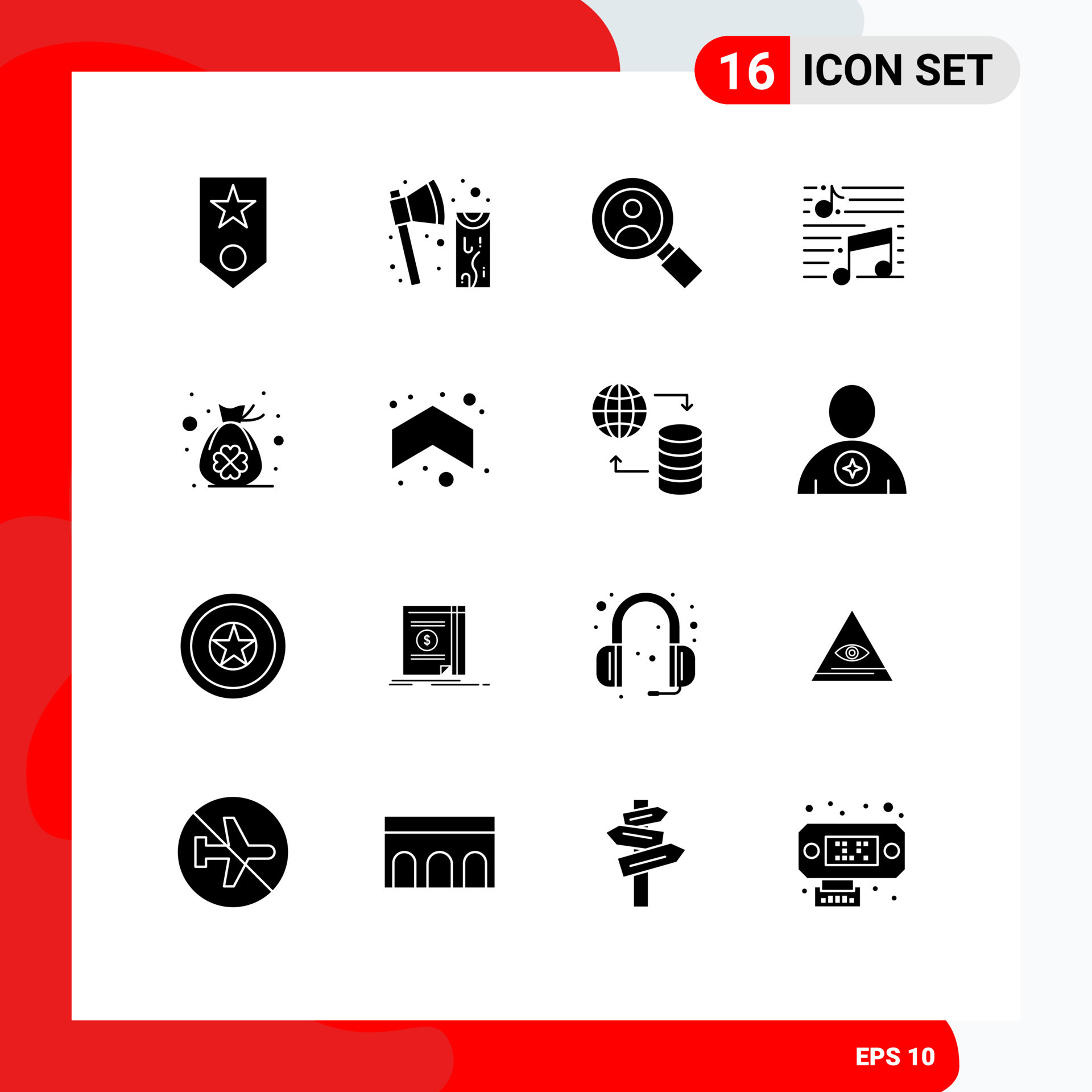 Set of 16 Vector Solid Glyphs on Grid for sound note tool musical user