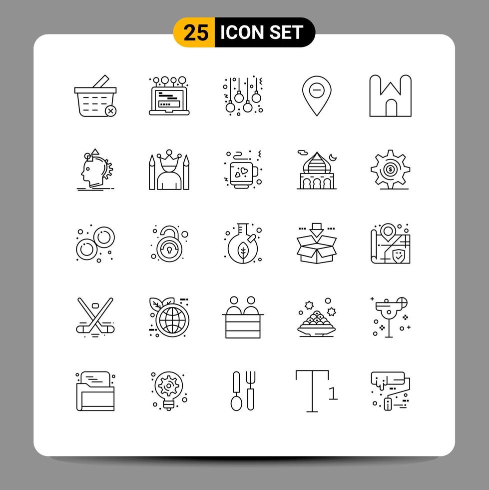 25 User Interface Line Pack of modern Signs and Symbols of castle building pin balls marker location Editable Vector Design Elements