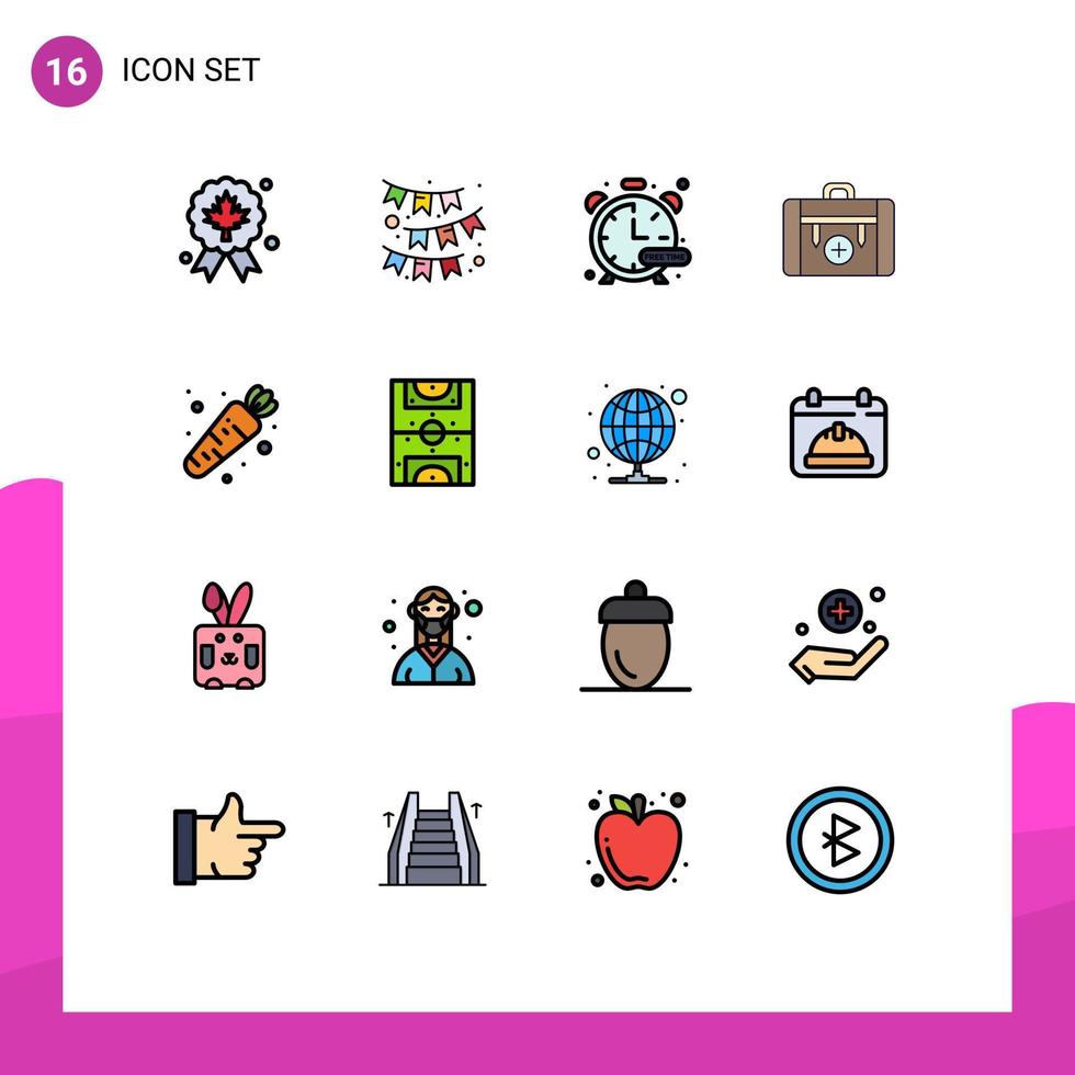 Pictogram Set of 16 Simple Flat Color Filled Lines of carrot hiking timer health bag Editable Creative Vector Design Elements
