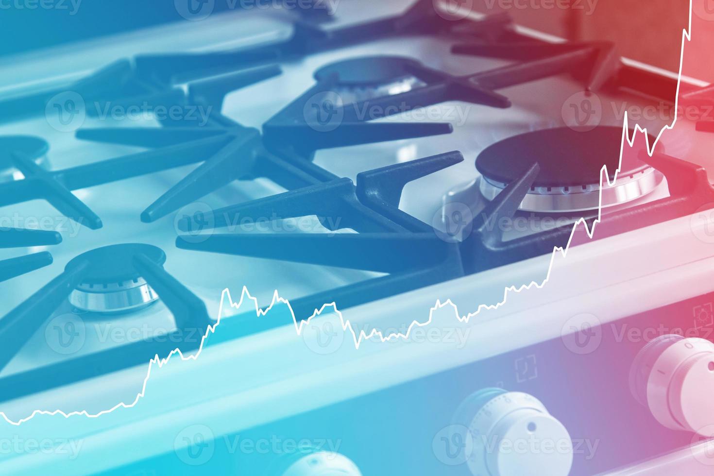 Chart and gas stove. Energy crisis and natural gas rise in price