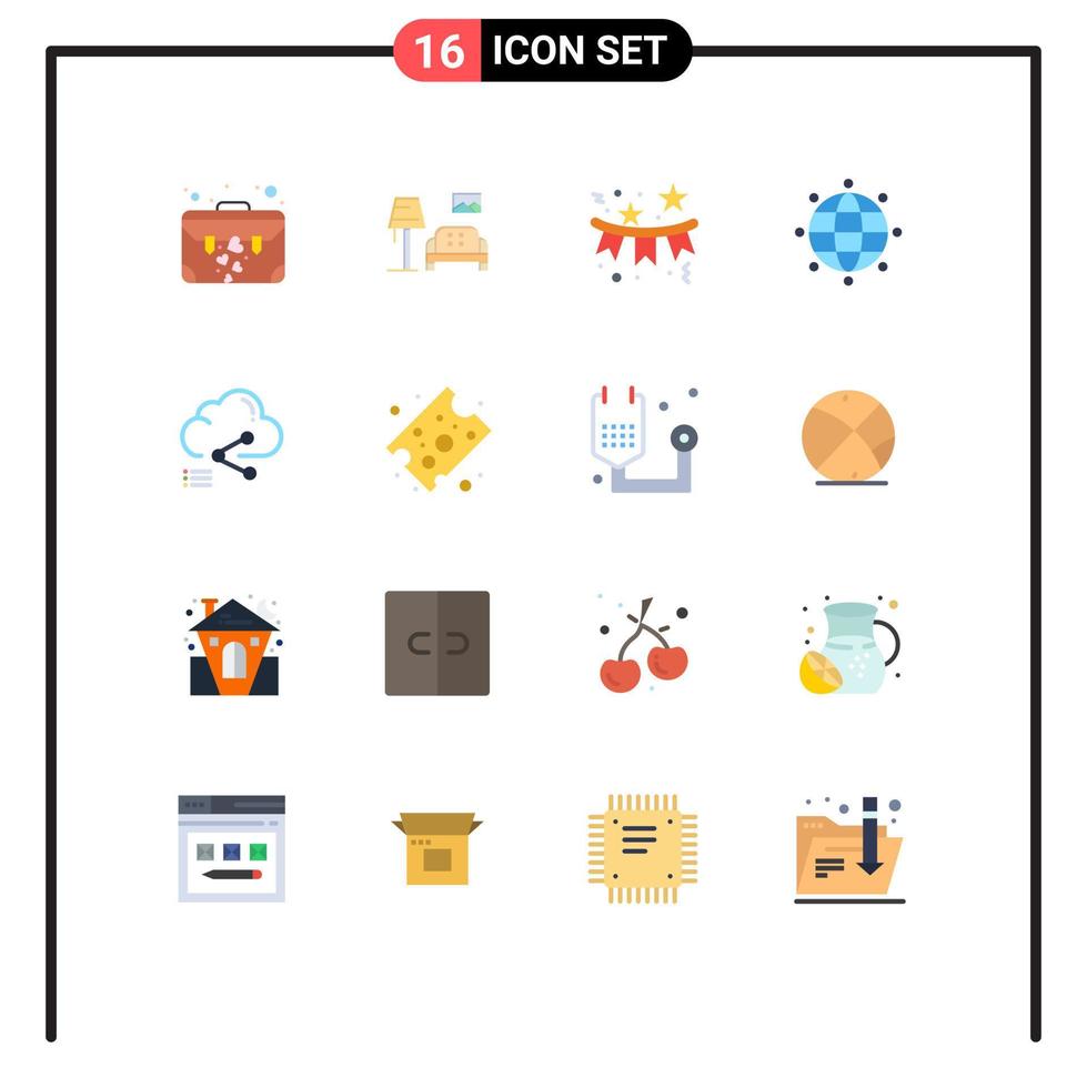 16 User Interface Flat Color Pack of modern Signs and Symbols of cloud world confetti globe holiday Editable Pack of Creative Vector Design Elements