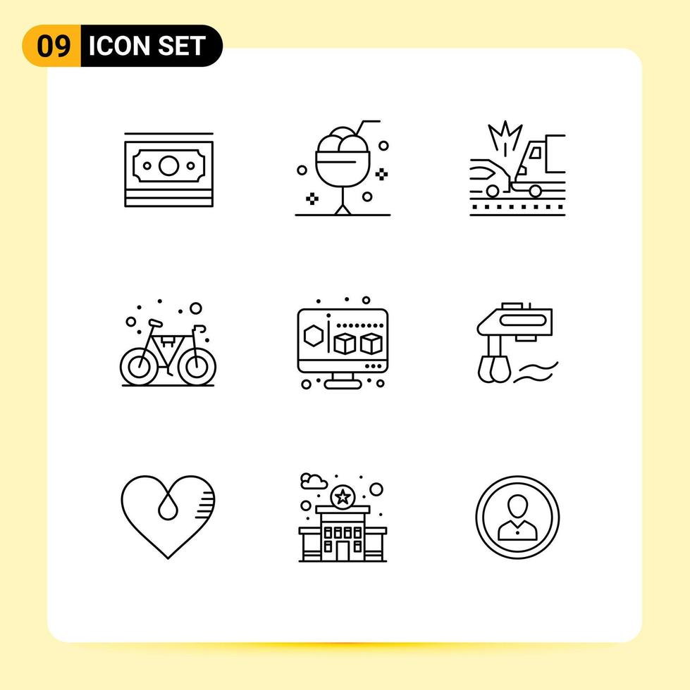 Outline Pack of 9 Universal Symbols of cube cycle summer bike truck Editable Vector Design Elements