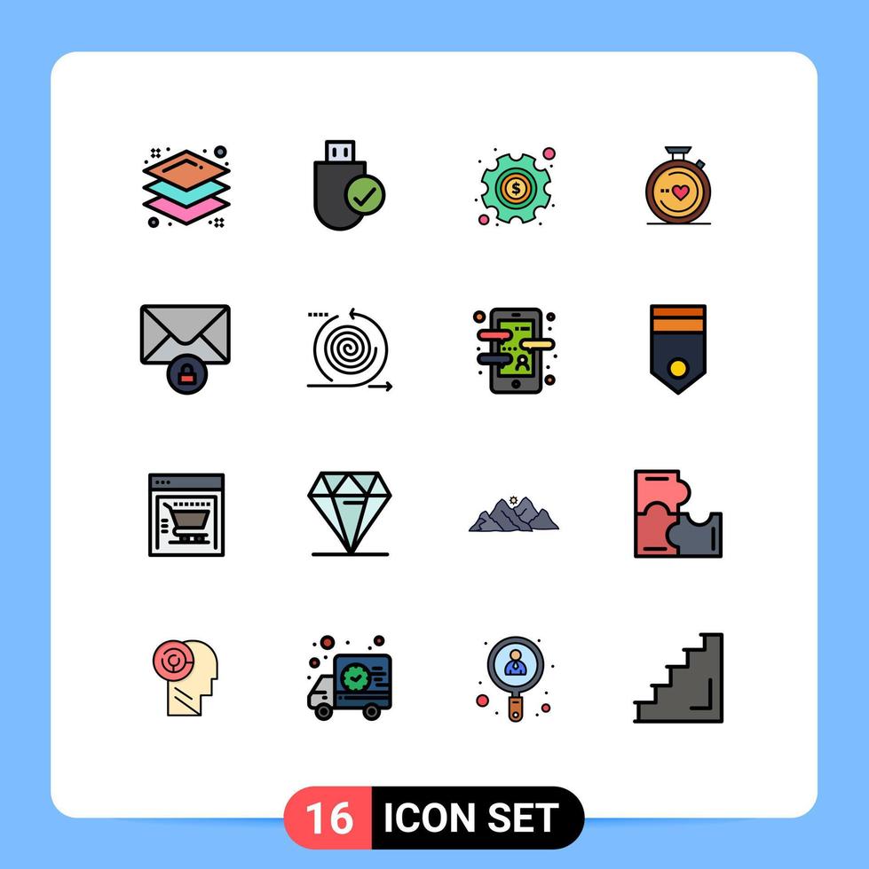 Flat Color Filled Line Pack of 16 Universal Symbols of message wedding gear heart compass Editable Creative Vector Design Elements