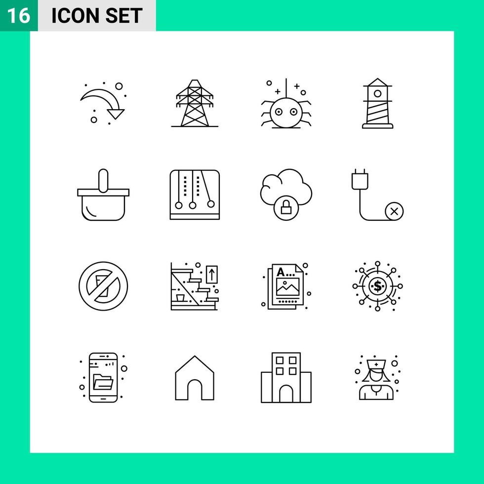 Outline Pack of 16 Universal Symbols of holiday basket bug house beach Editable Vector Design Elements