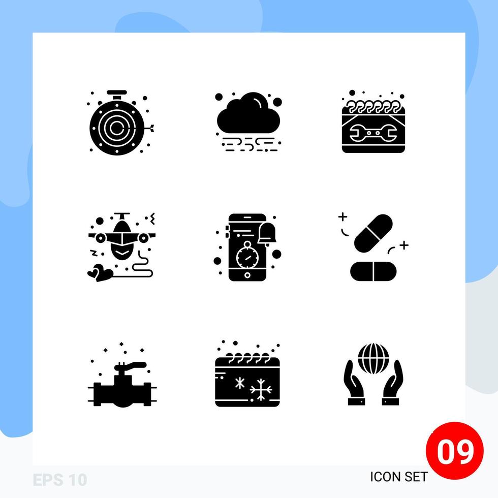 9 Thematic Vector Solid Glyphs and Editable Symbols of mobile heart construction fly airplane Editable Vector Design Elements