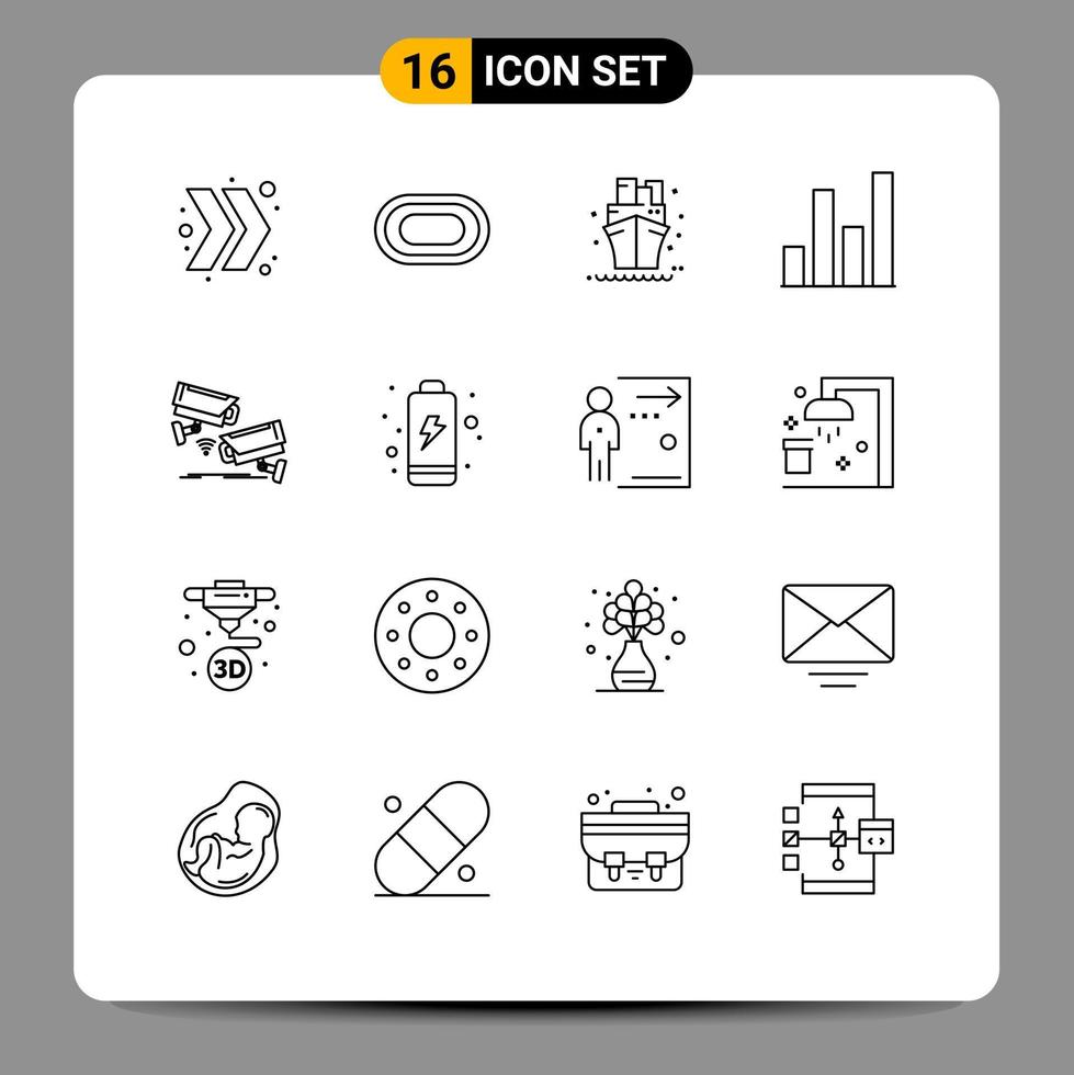 Group of 16 Modern Outlines Set for surveillance camera sea cctv chart Editable Vector Design Elements