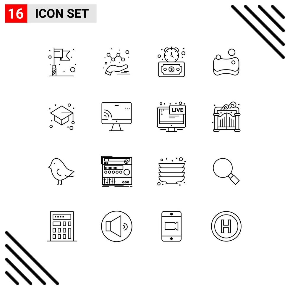 16 Creative Icons Modern Signs and Symbols of screen graduate cap fast education sponge Editable Vector Design Elements