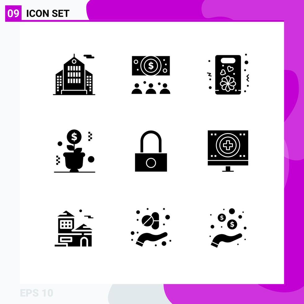 Pack of 9 Modern Solid Glyphs Signs and Symbols for Web Print Media such as security lock love success plant Editable Vector Design Elements