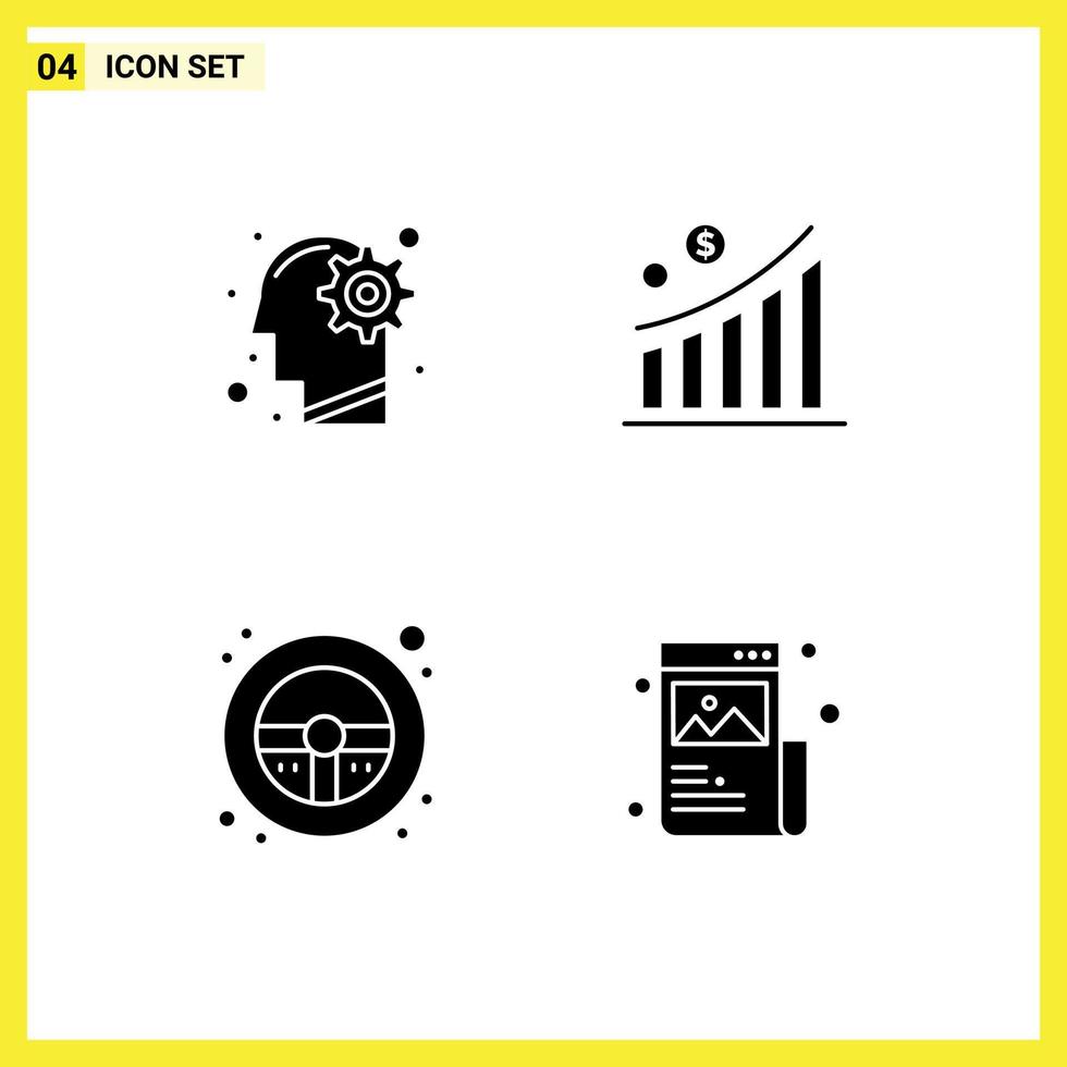 Solid Glyph Pack of 4 Universal Symbols of head helm process graph steering wheel Editable Vector Design Elements