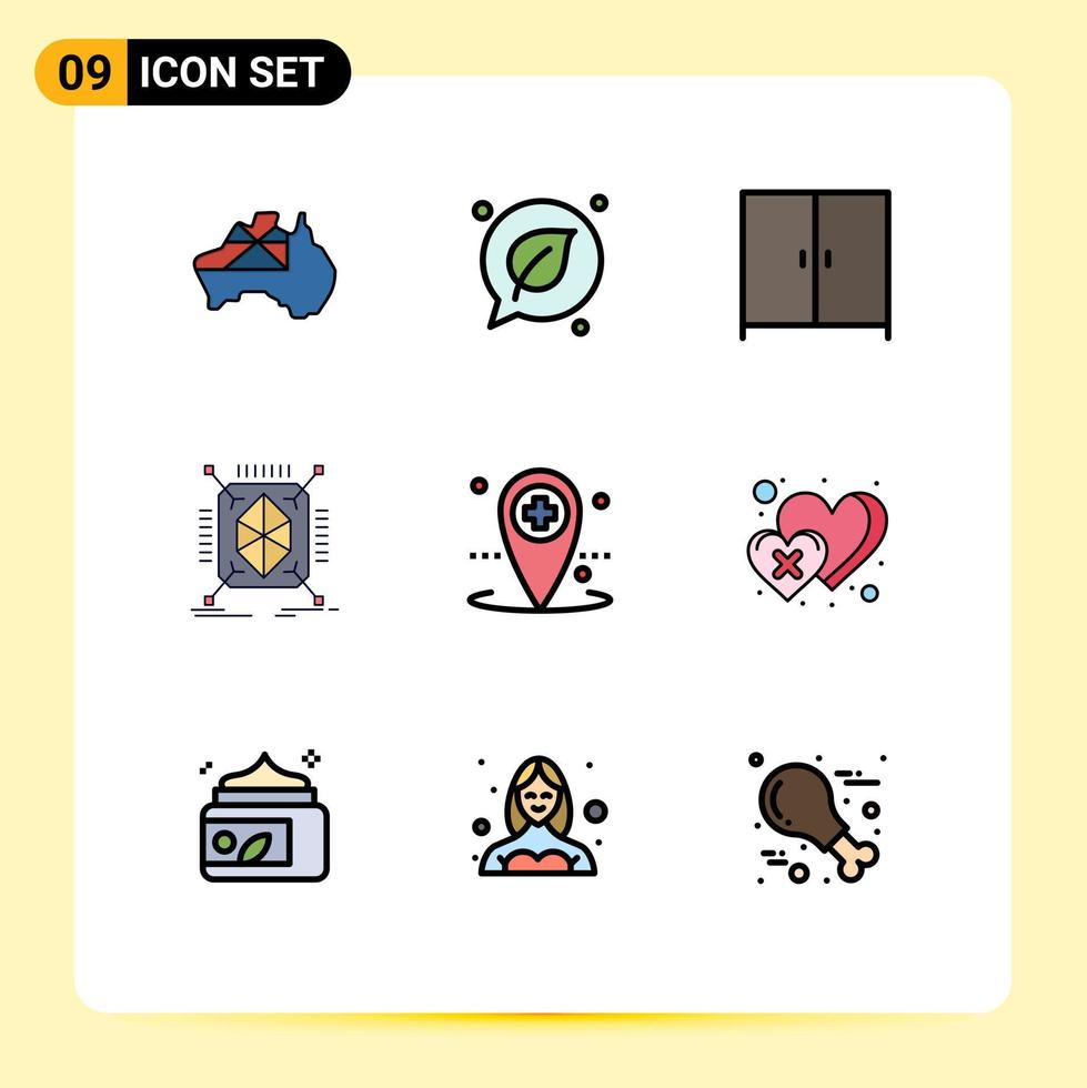 9 símbolos de signos de color plano de línea de llenado universal de la estructura de muebles de atención médica local que crean prototipos de elementos de diseño de vectores editables