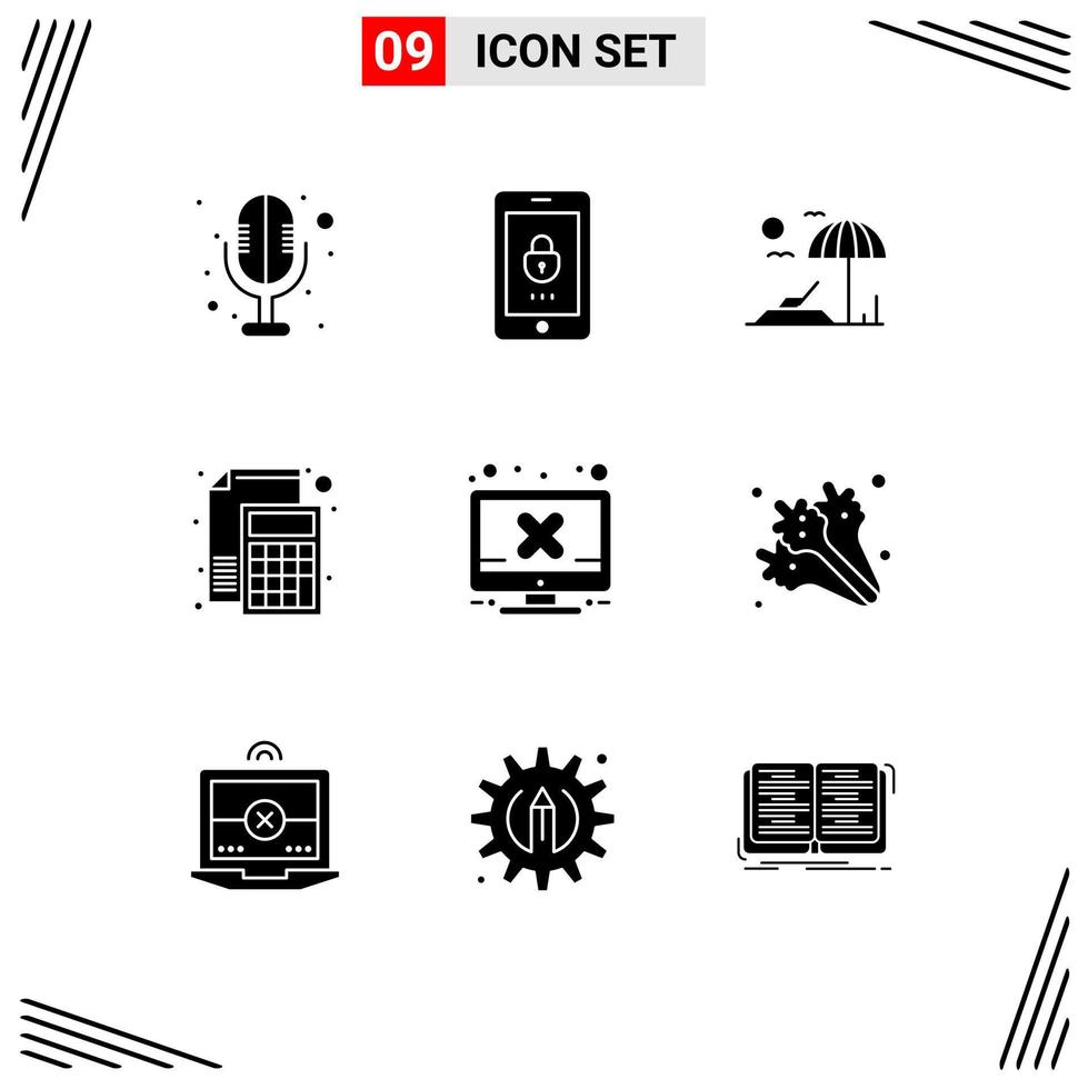 Mobile Interface Solid Glyph Set of 9 Pictograms of screen computer sunbed paper file Editable Vector Design Elements