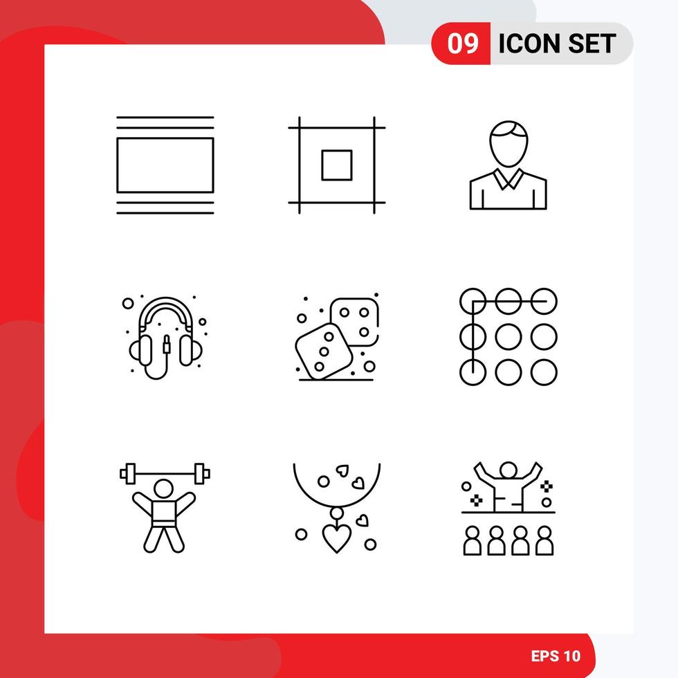 Group of 9 Outlines Signs and Symbols for dices headphone account hardware audio Editable Vector Design Elements