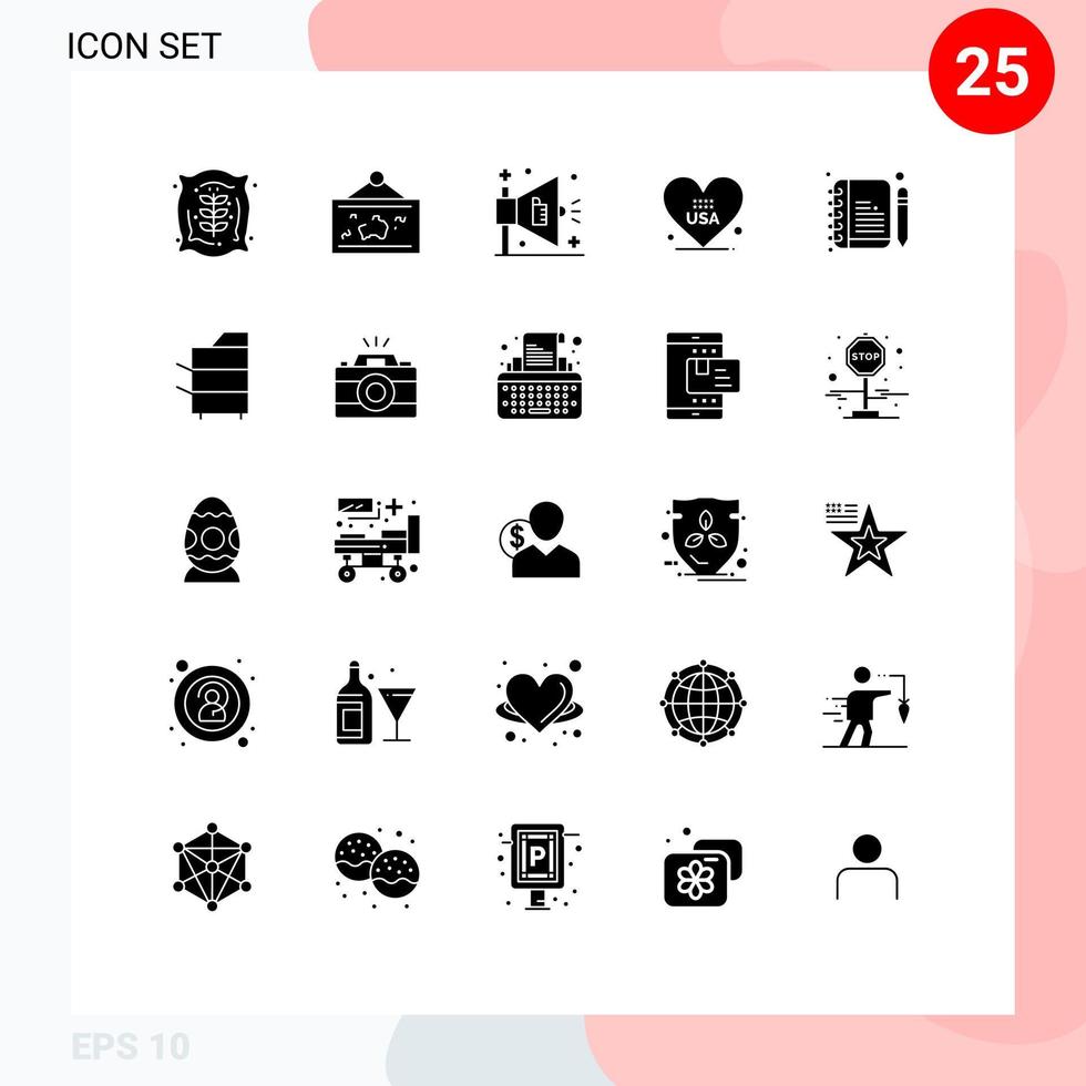 conjunto de 25 paquetes de glifos sólidos comerciales para componer elementos de diseño vectorial editables de corazón americano de imagen de EE. UU. vector