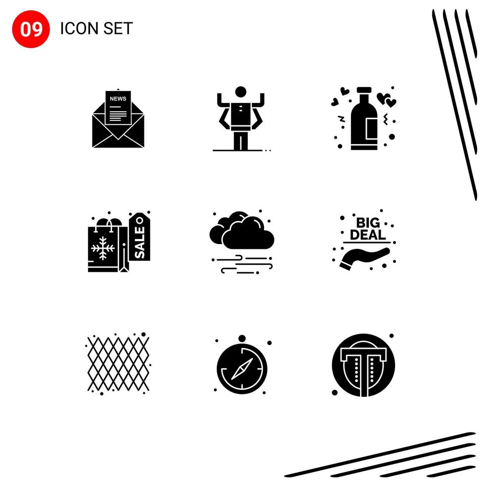 Set of 9 Commercial Solid Glyphs pack for weather shopping organization christmas romance Editable Vector Design Elements