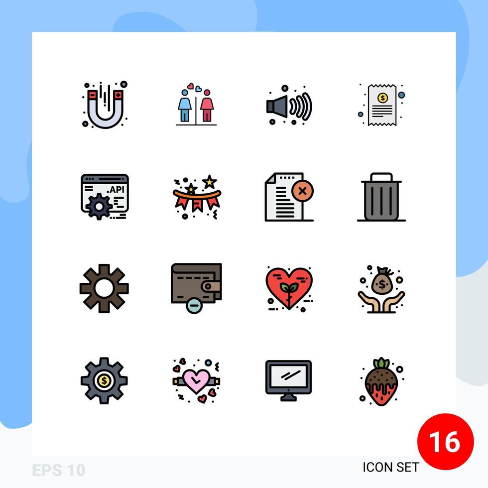 User Interface Pack of 16 Basic Flat Color Filled Lines of application programme interface api gas finance cash receipt Editable Creative Vector Design Elements