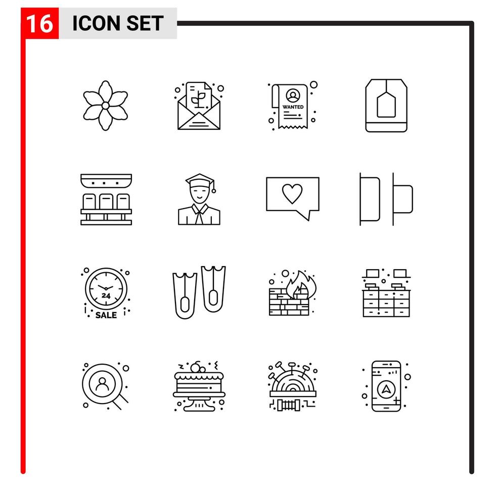 Group of 16 Modern Outlines Set for transportation seats state tea drink Editable Vector Design Elements