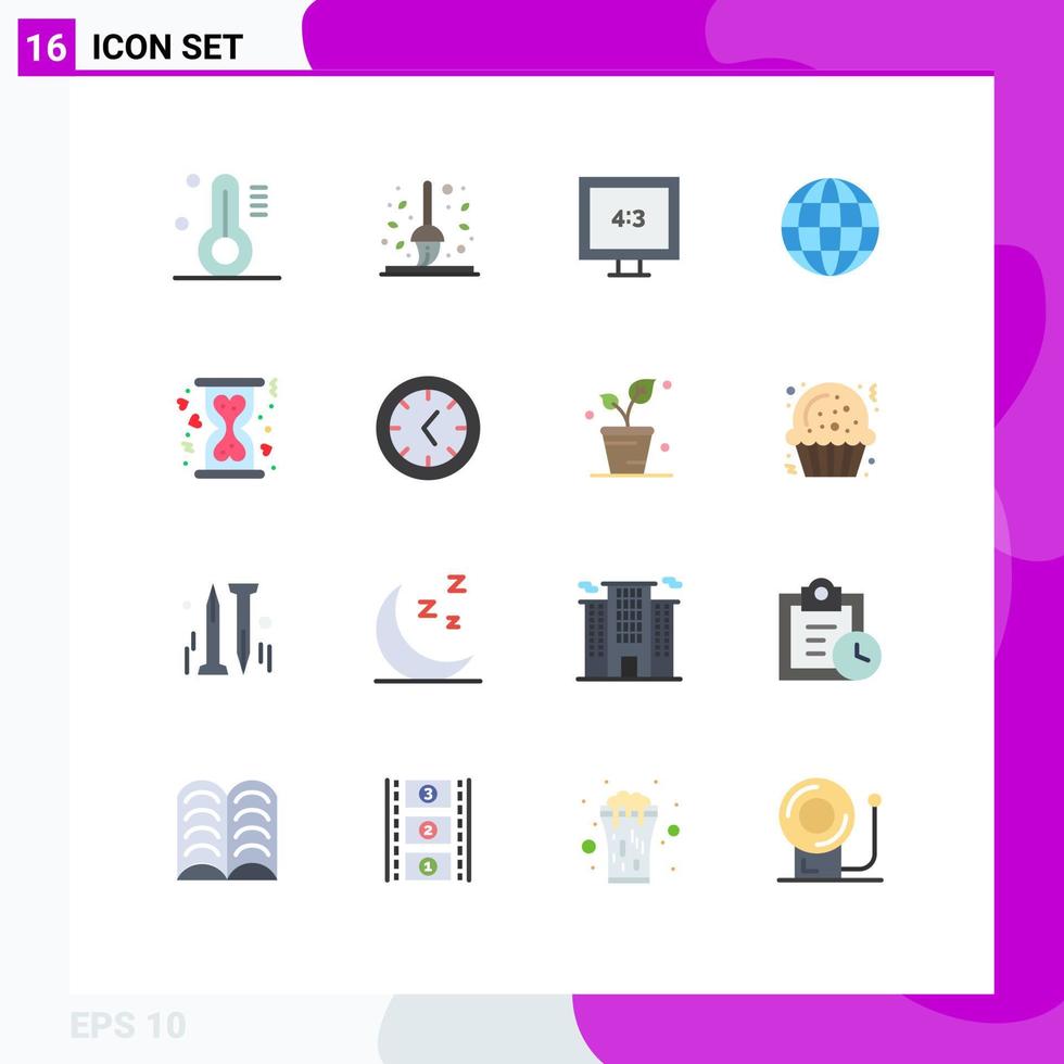 Pack of 16 Modern Flat Colors Signs and Symbols for Web Print Media such as hourglass donation aspect ratio charity globe Editable Pack of Creative Vector Design Elements