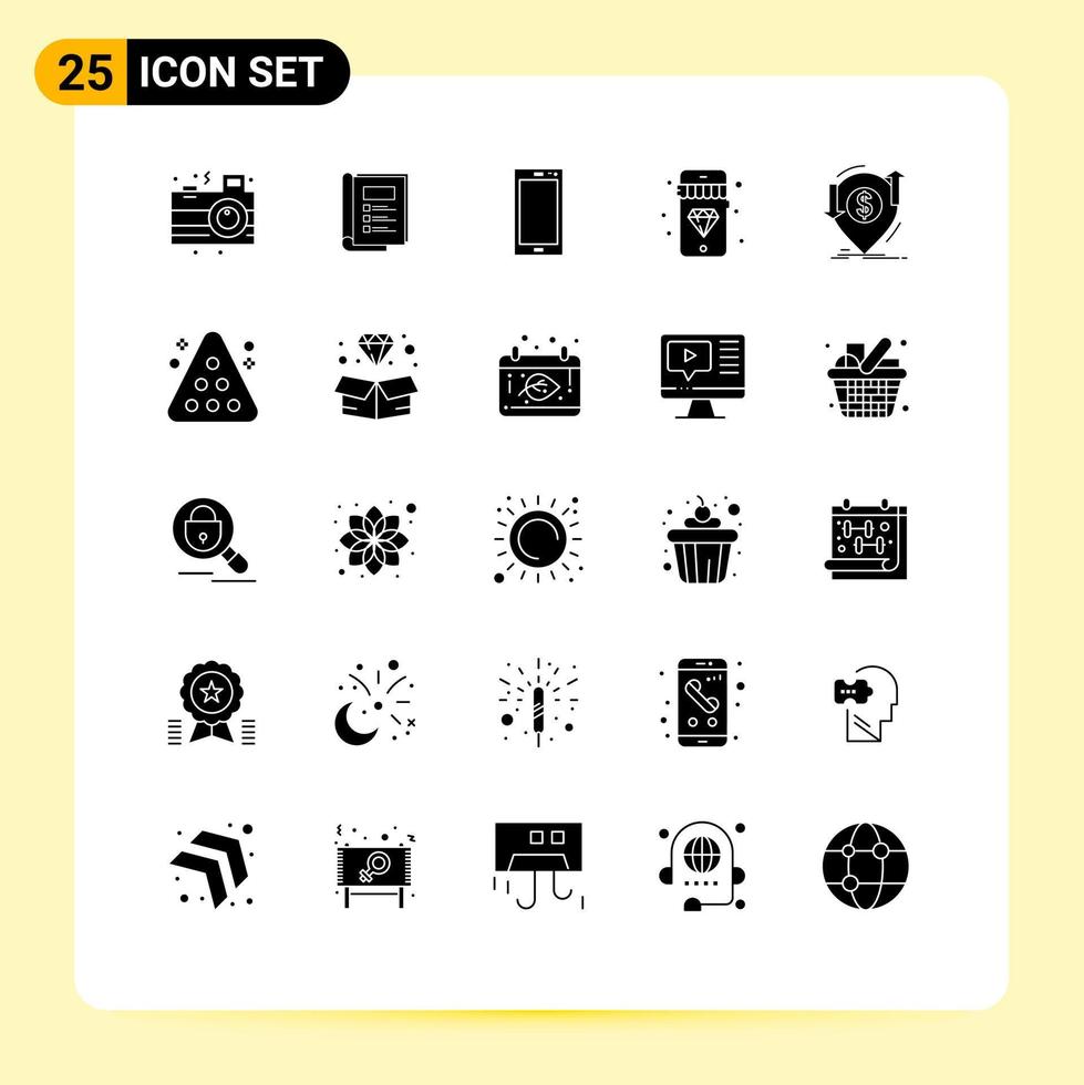 Set of 25 Vector Solid Glyphs on Grid for financial jewelry phone diamond iphone Editable Vector Design Elements