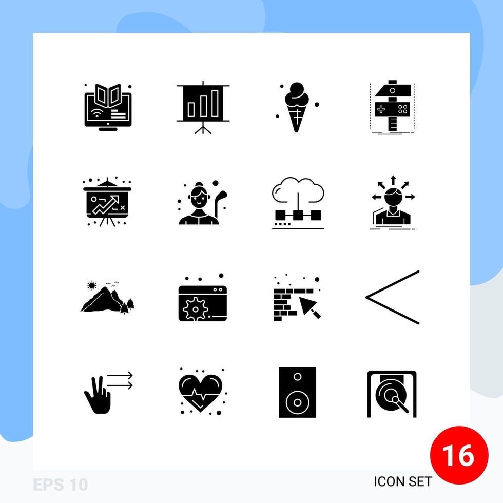 Editable Vector Line Pack of 16 Simple Solid Glyphs of game develop presentation craft ice Editable Vector Design Elements
