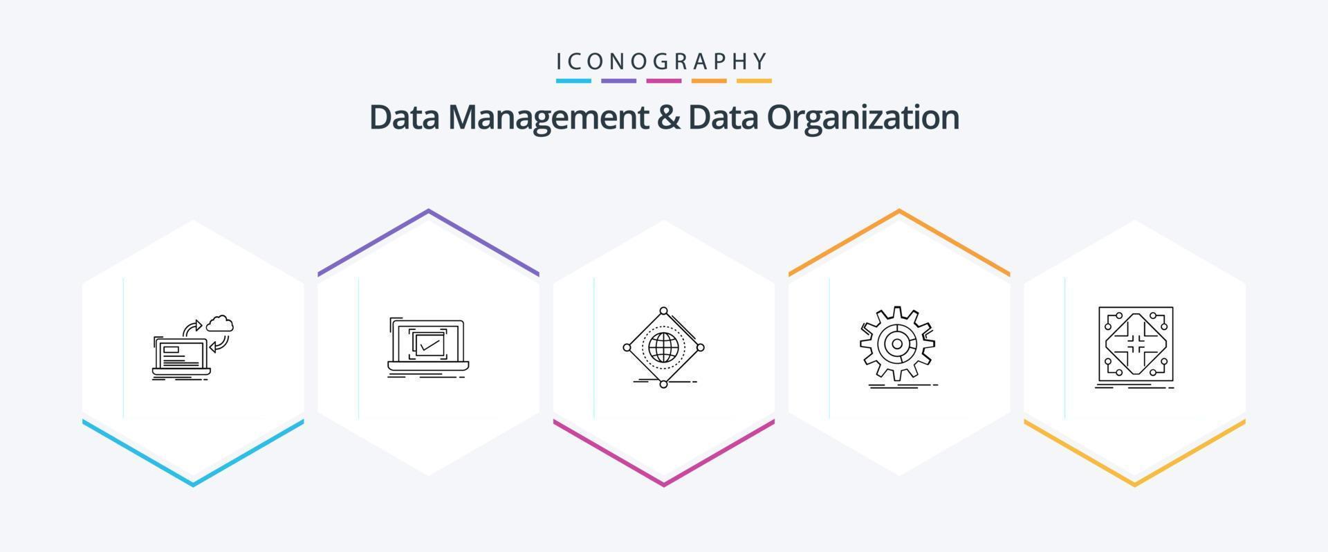 Data Management And Data Organization 25 Line icon pack including management. setting. good. global. things vector