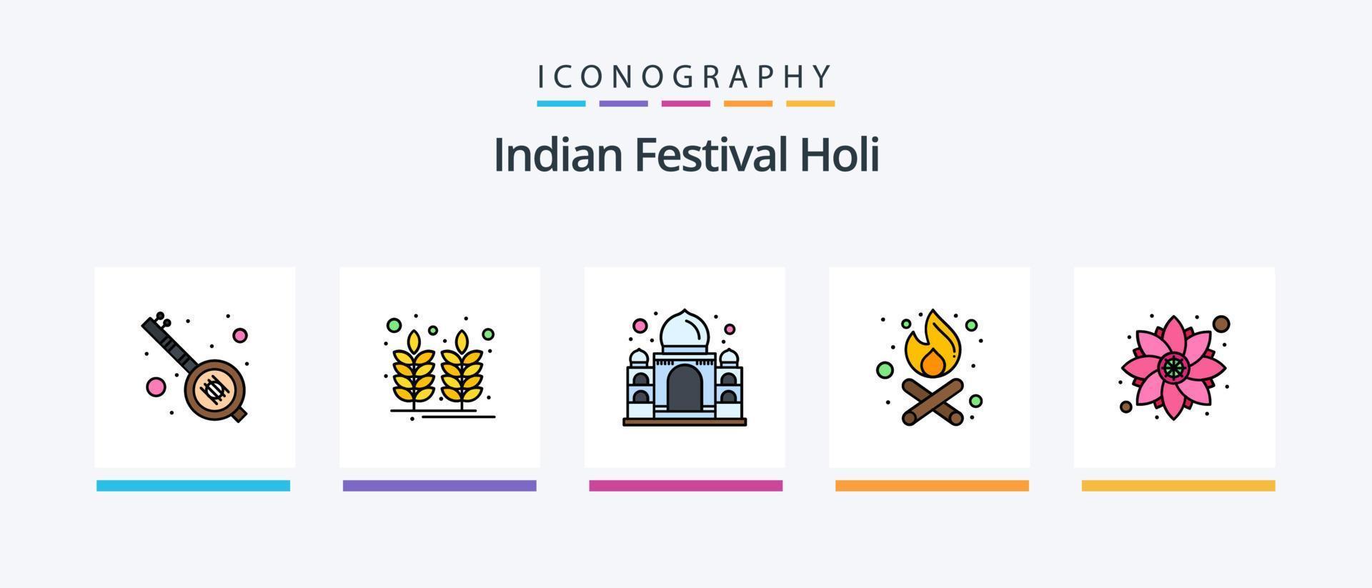 Holi Line Filled 5 Icon Pack Including . necklace. country. flower. money. Creative Icons Design vector