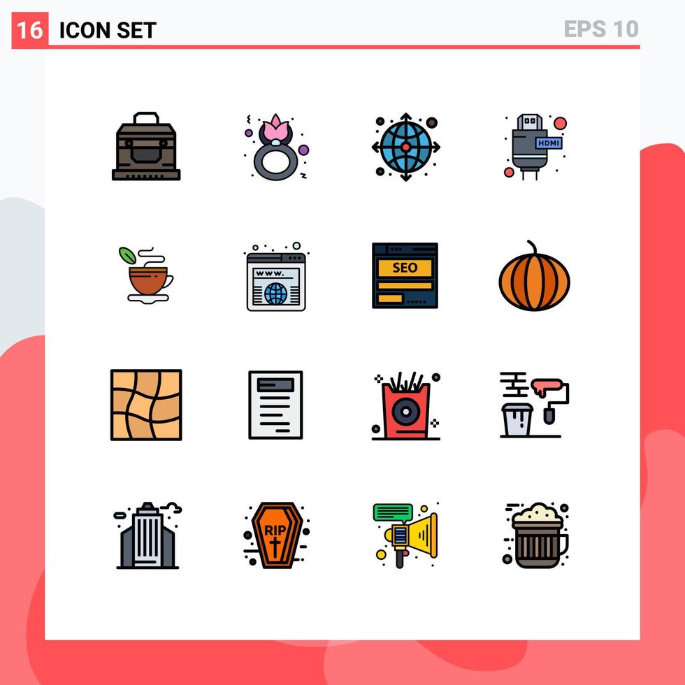 Set of 16 Commercial Flat Color Filled Lines pack for cup hdmi celebrate extension web Editable Creative Vector Design Elements