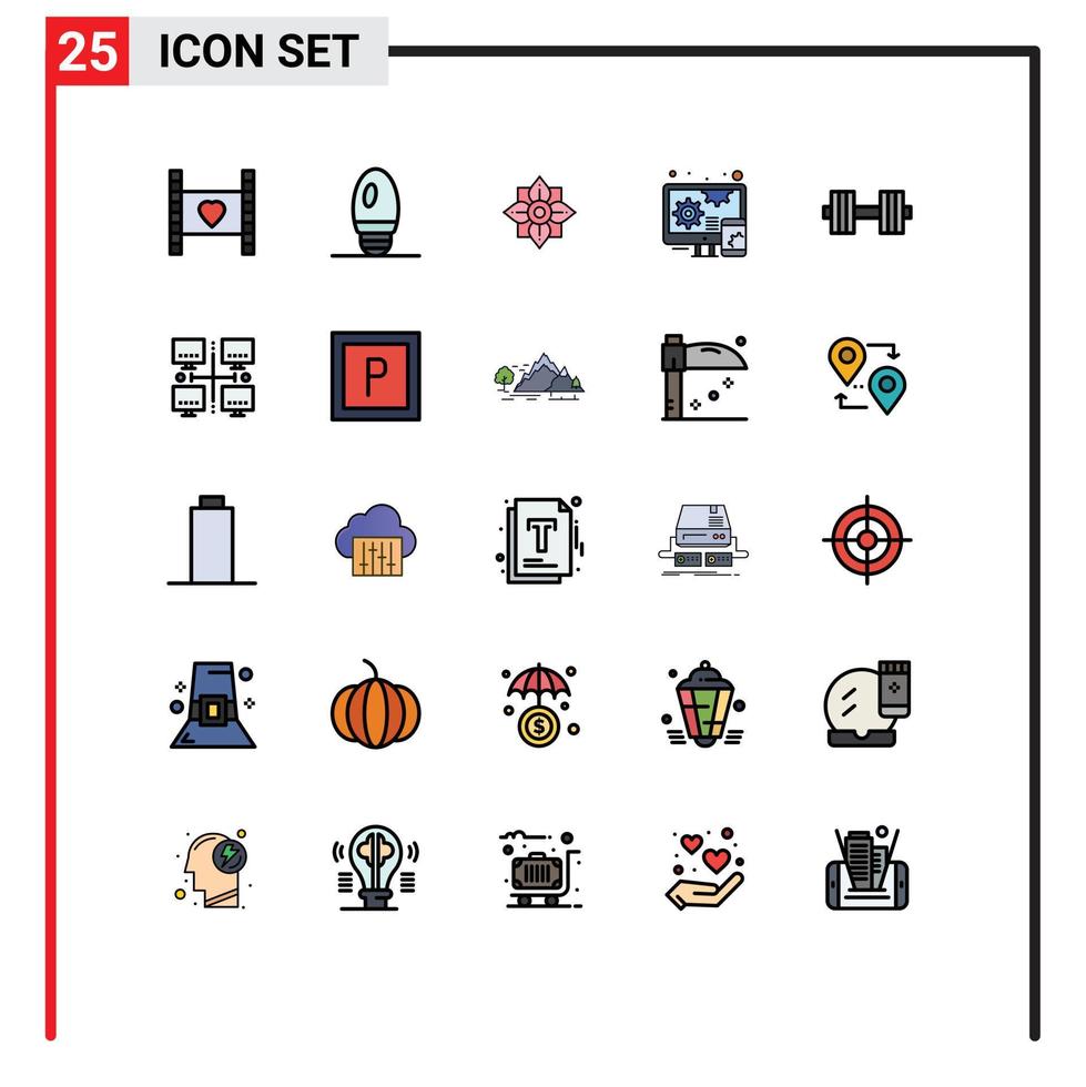 User Interface Pack of 25 Basic Filled line Flat Colors of gym dumbbell flower responsive adaptive Editable Vector Design Elements