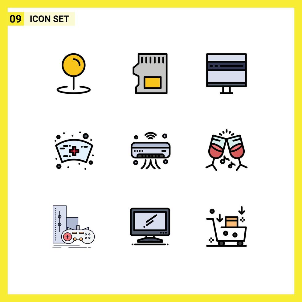 Pack of 9 Modern Filledline Flat Colors Signs and Symbols for Web Print Media such as internet of things ac computer nurse cap Editable Vector Design Elements