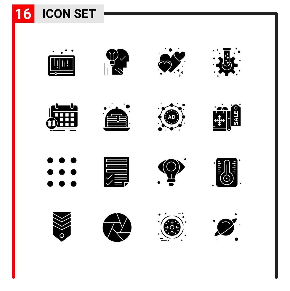 Mobile Interface Solid Glyph Set of 16 Pictograms of cog romantic lightbulb love success Editable Vector Design Elements