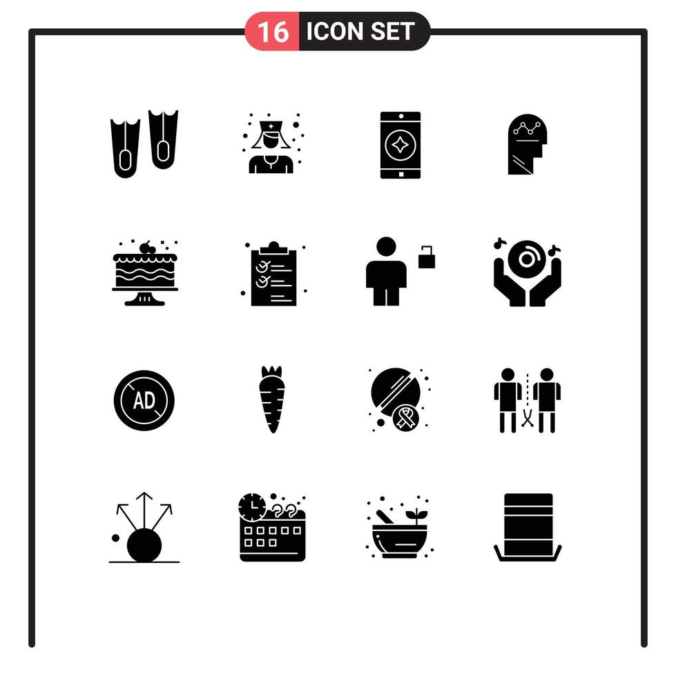 Universal Icon Symbols Group of 16 Modern Solid Glyphs of party cake mobile application birthday man Editable Vector Design Elements