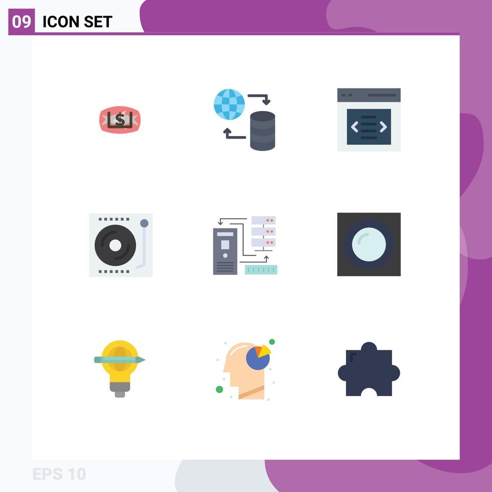Pack of 9 Modern Flat Colors Signs and Symbols for Web Print Media such as combination turntable communication music devices Editable Vector Design Elements