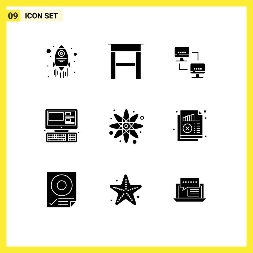 Editable Vector Line Pack of 9 Simple Solid Glyphs of document energy computing atom system Editable Vector Design Elements