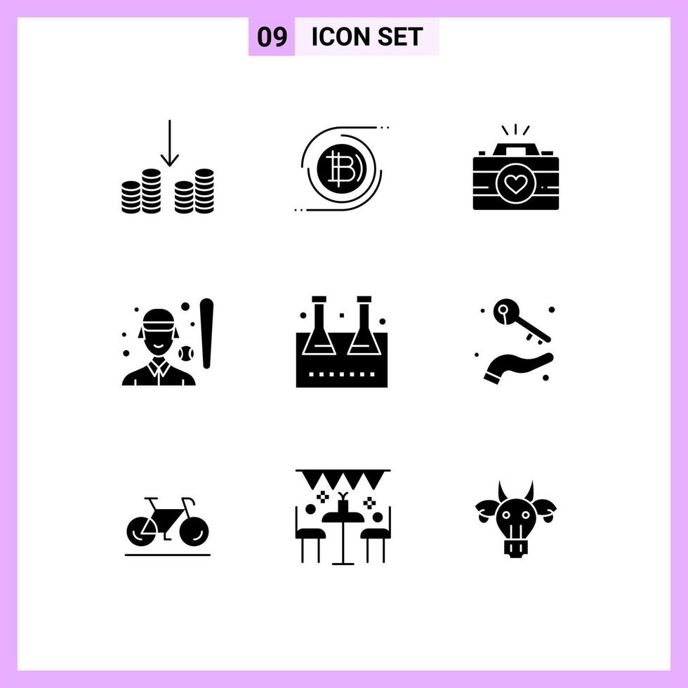 Modern Set of 9 Solid Glyphs and symbols such as sports women female camera baseball player couple photography Editable Vector Design Elements