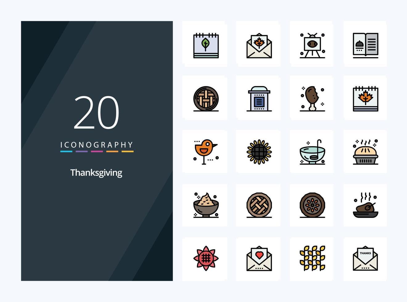 20 icono lleno de línea de acción de gracias para presentación vector