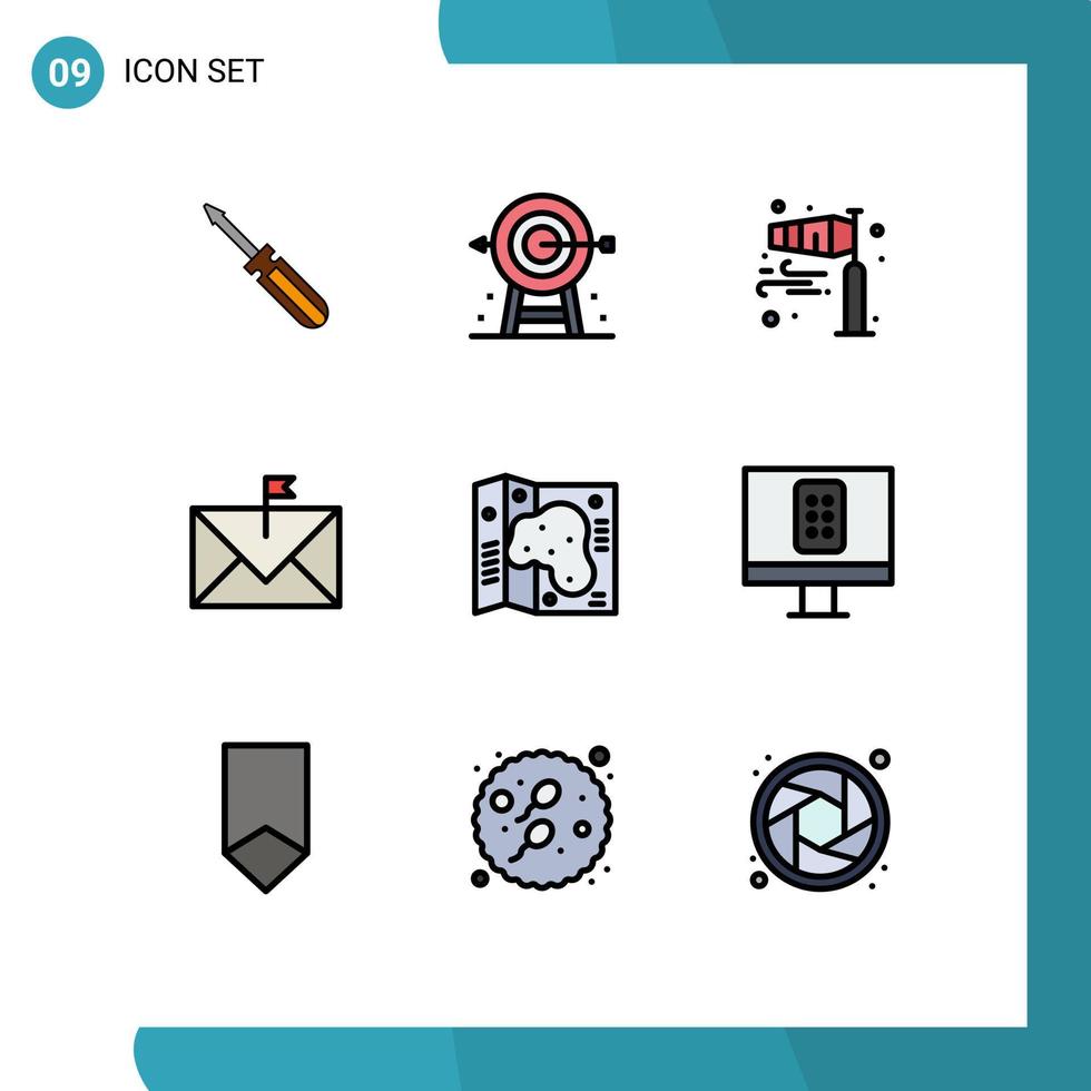 Modern Set of 9 Filledline Flat Colors Pictograph of email communication planning storm flow Editable Vector Design Elements